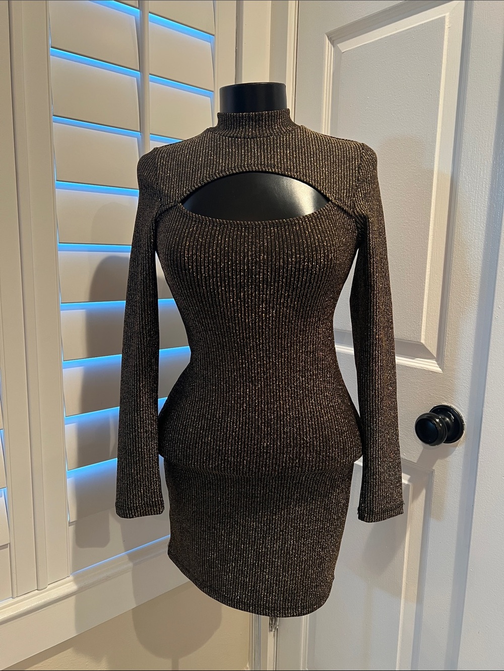 Gold and Black Ribbed Cutout Bodycon Dress